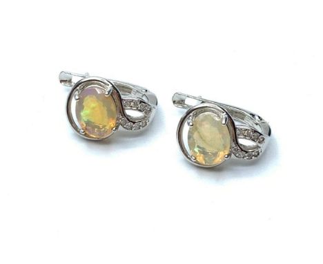 925 Sterling Silver Opal Earrings Set with White Stones. 