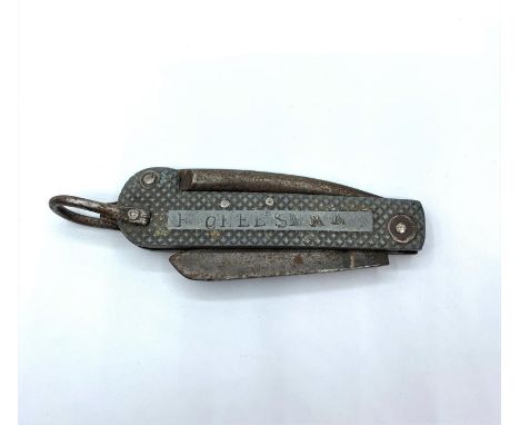 World war 2 army clasp knife. Blade showing Rogers &amp; co 1942. Cartouche engraved R. Cheesman. Large blade to one side &am