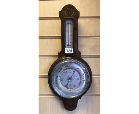 English Banjo Barometer, Oak Case with Temperature Meter. 