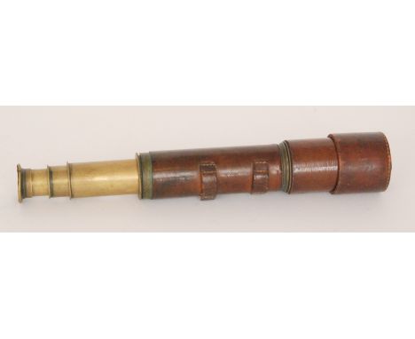 A 19th Century brass and leather bound three drawer telescope engraved Stanley, Great Turstile London, length 77cm together w
