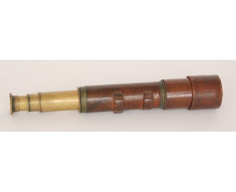 A 19th Century brass and leather bound three drawer telescope engraved Stanley, Great Turstile London, length 77cm together w