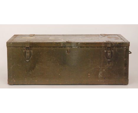 A Second World War metal bound cabin trunk painted in khaki green and named E.M Clark VAD.RN, civilian volunteers, width 92cm