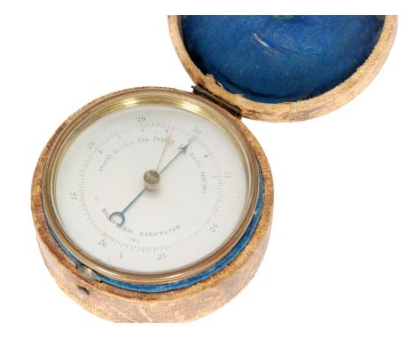 A 19th Century pocket Holosteric barometer No 384, 6.5cm silvered dial in lacquered brass case and outer case.