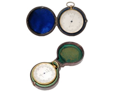 A 19th Century pocket barometer by Bryson Edinburgh together with another by White Glasgow each with silvered dials, gold pla