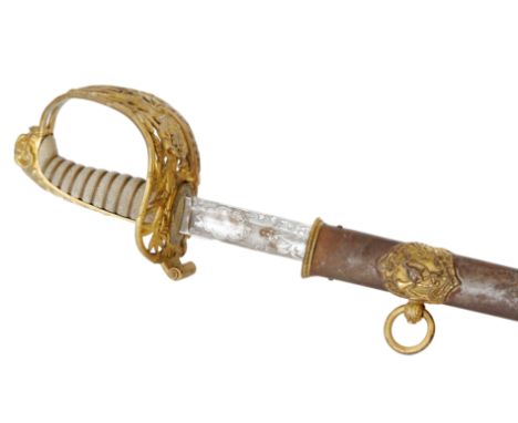 A 19th Century Yeomanry officers sword 91cm engraved blade decorated with rider on horseback and scales of justice, pierced g