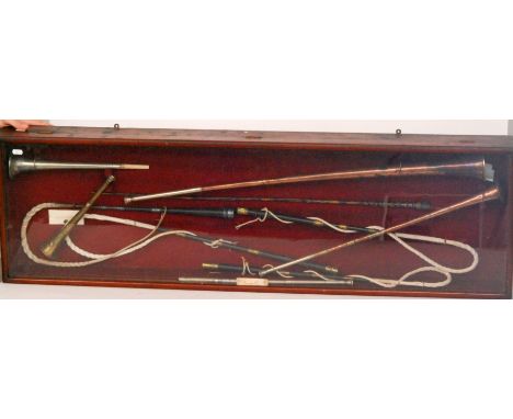 An early 20th Century mahogany framed display case mounted with two copper hunting horns, a nickel plated horn and a brass ho