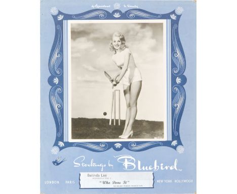 A 1950s Bluebell advertising cardboard sign depicting Belinda Lee, the star of 'Who Done It' playing cricket, 40cm x 33cm