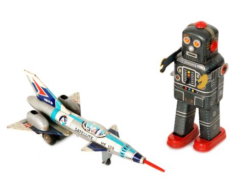 A 1960s Japanese tinplate clockwork robot by SY Yoneya toys together with a Chinese Satellite MF 108 rocket plane (2)
