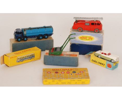 A Dinky No 504 Foden 14-Ton Tanker, No 555 Fire Engine, a 29F Autocar Chausson, a 751 lawn mower, a Corgi No 224 Bentley Cont