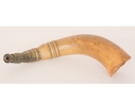 A 19th Century carved hunting horn decorated with motto and armorial Dieu Et Mon Droit, width 34cm.