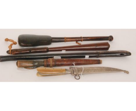 A set of hardwood opium scales together with an African tribal knife with leather scabbard, an Eastern knife with a horn hand