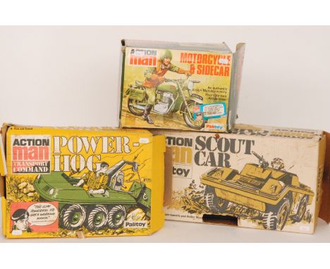 A Palitoy Action Man motorcycle and sidecar, a Power Hog, a Scout Car, a 105mm Light Gun, boxed, an inflatable green boat and