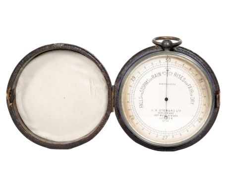 A 19th Century pocket barometer by J.H.Steward Ltd Strand London No 5716, the 6.5cm diameter silvered dial in grey plated cas