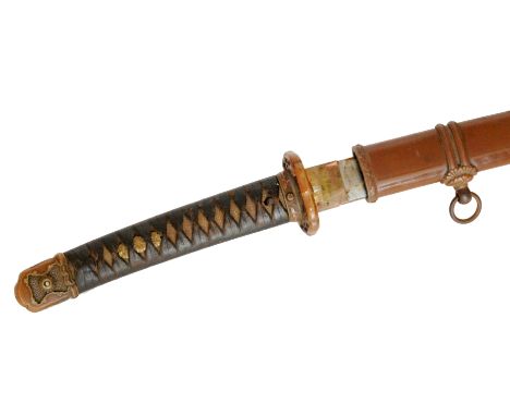 A 20th Century Japanese Katana, 75cm blade pierced Tsuba below floral mounted Kashira with painted metal scabbard.