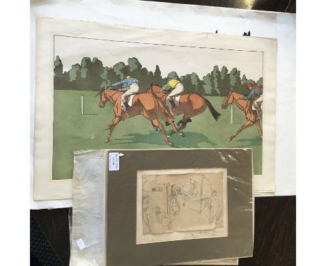 Job lot of unframed pictures to include a pair of CHARLES ANCELIN. Lithographs on paper, horse racing scenes, published by Ga