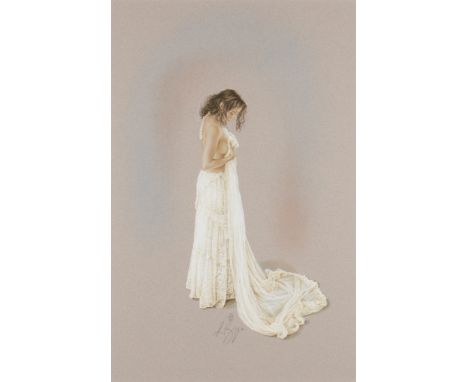 KAY BOYCE. Framed, signed, gouache and mixed media on paper, full length portrait of a standing semi nude girl draped in whit