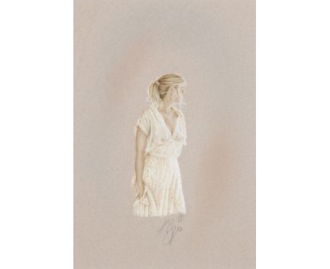 KAY BOYCE. Framed, signed, gouache and mixed media on paper, three quarter length portrait of a girl in white lace dress, 36.