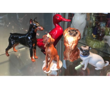 A lot to include; Royal Doulton flambe duck, Royal Doulton doberman figure A/F, Beswick dog, Capo di Monte seated dog and ano