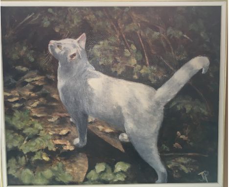 JOAN PERRY. Framed, signed, oil on board, titled verso, 'Birdwatching', showing a cat, together with a framed, indistinctly s