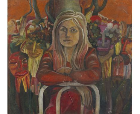 Framed, signed in Cyrillic, oil on paper, 20th Century Russian School, portrait of girl before masked figures, 61.5cm x 67.5c