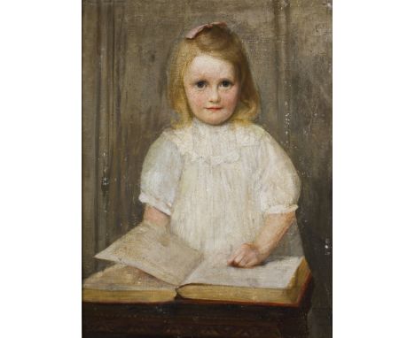 A. EDWARDS. Framed, signed, dated 1905, oil on canvas, portrait of a young girl in white dress, standing with open book, 65cm