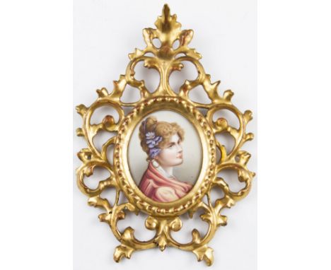 Oval framed portrait miniature, bust length portrait of a woman, in florentine gilt frame, 7.5cm x 6cm.