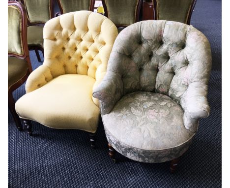 Two Victorian bedroom chairs with button backed upholstery, one in floral design the other in yellow upholstery.