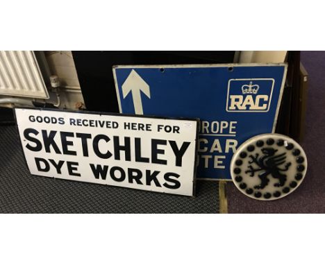 An enamel railway sign for Sketchley Dye Works, RAC sign together with another ceramic plaque.
