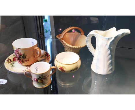A group of Royal Worcester blush ware miniature items to include cup and saucer, basket A/F, loving cup and bowl, together wi