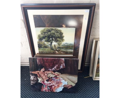 Ten various pictures to include a framed print of a boy, seven framed and one unframed, 20th Century oils on canvas, various 