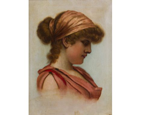 O. J. JENKINS. Framed, signed, dated 1899, oil on canvas, bust length portrait of a girl in profile, with red head scarf, 44c