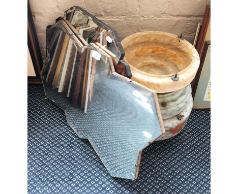 Two Deco design mirrors together with three Deco glass light shades.