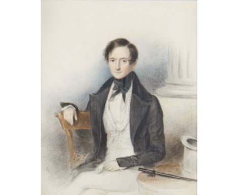 WILLIAM MOORE SENIOR (1790 - 1851) Framed, signed, dated 1835, watercolour on paper, half length portrait of a seated gentlem