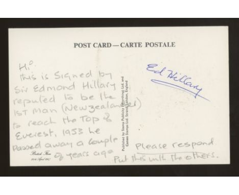 Edmund Hillary: Autographed on reverse of 1967 Flowers First Day Card.