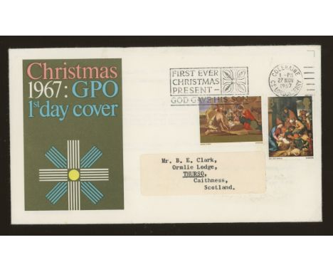 1967 Christmas 3d &amp; 1/6d GPO FDC with Coleraine slogan "First Ever Christmas Present - God Gave his Son". Typed address l
