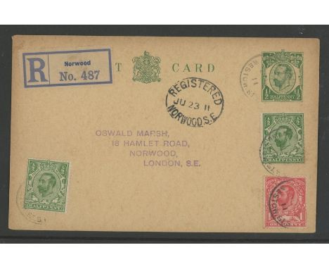 1911 (June 22nd) ½d Postal Stationery Post Card First Day with ½d &amp; 1d new Defins with Westow St Norwood registered CDS. 