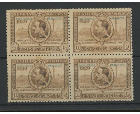 Spanish Morocco: 1929 Seville-Barcelona Stamp Exhibition 10p block of 4 U/M, slight toning. SG 150 Cat £168 (as M/M) (4)