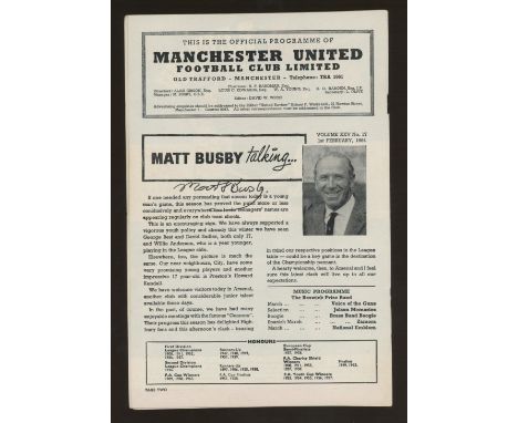 Matt Busby: Autographed by his article in 1963-64 Manchester United V Arsenal programme. Cat £325
