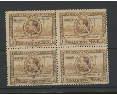 Spanish Morocco: 1929 Seville- Barcelona Stamp Exhibition 10p U/M block of 4. SG 150 Cat £168 (as M/M) (4)