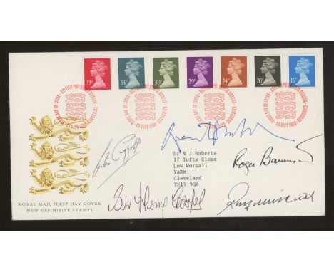 1988 Definitives FDC signed by Lester Piggott, Quentin Blake, Roger Bannister, Sir Henry Cooper &amp; Ray Wilkinson. Typed ad