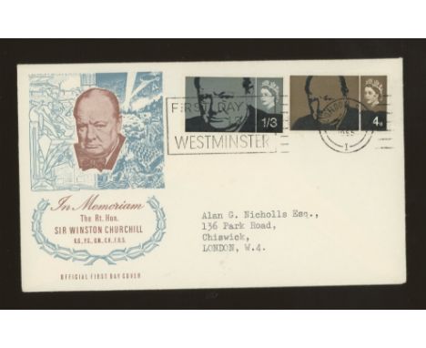 1965 Churchill (4d ord, 1/3d phos) Illustrated FDC with London SW1 slogan "First Day of Issue Westminster". Typed address, fi
