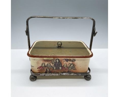 Features the Sir Roger de Coverley scene on the porcelain dish, covered with silver EPNS lid engraved Club Fours Season 1916-