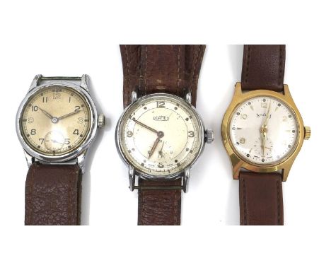 A group of three British WWII and later wristwatches, comprising a chrome plated unsigned ATP wristwatch, circular silvered/g