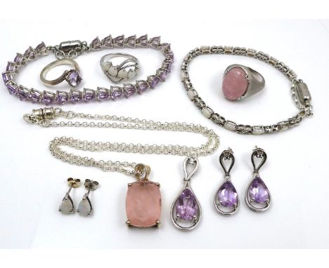 A collection of silver jewellery set with semi precious stones, comprising a set of Rose De France amethyst items comprising 