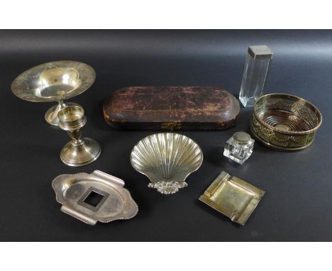 A collection of silver and silver plated wares, comprising a George V, silver tazza with bright cut decoration to its circula