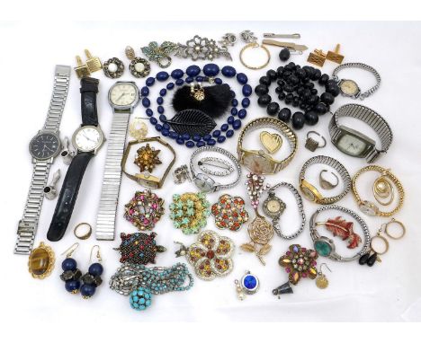 A collection of vintage costume jewellery and twelve wristwatches, including brooches, earrings, two rings, cufflinks, and pe
