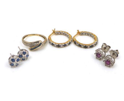 A group of jewellery comprising an 18ct gold diamond and sappire dress ring, size L, 2.2g, a pair of sapphire and diamond stu