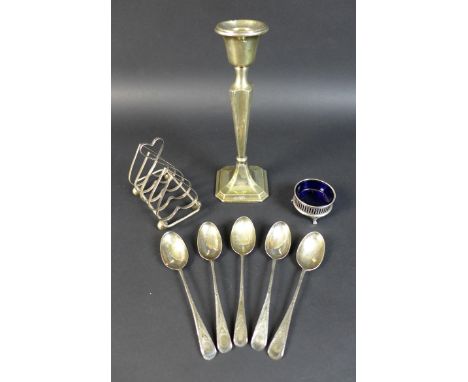 A group of silver items, comprising a single George V candlestick with octagonal base 7.2 by 7.2 by 20.2cm high, a Victorian 