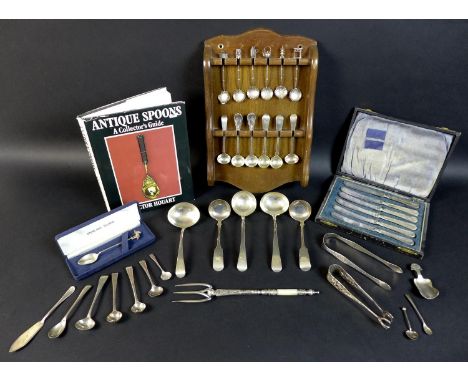 A group of George III and later silver flatware, comprising pair of sugar nips, bright cut engraved, London 1812, Peter and W