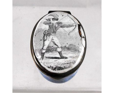 An antique Bilston enamel patch box, the lid decorated with a standing archer (A/F) 3.5cm x 4.5cm 